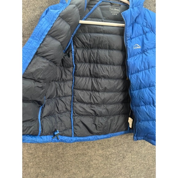 LL Bean Kids Ultralight 650 Down Hooded Jacket Blue Puffer Coat L 14-16 507404 - Picture 4 of 10